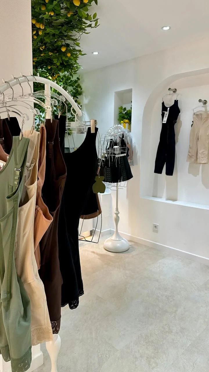 L'intérieur de la boutique: le portant en vert sauge, chair, chocolat et noir, et le citronnier.