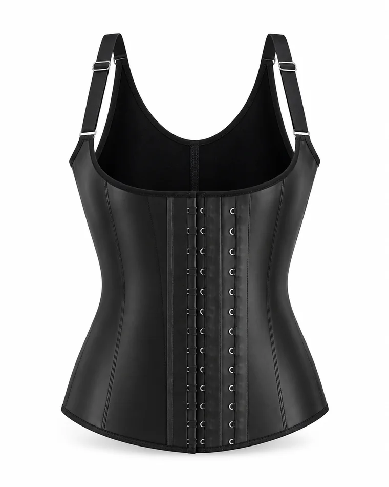 Visuel de référence: le gilet en latex noir seul, sur fond blanc, bretelles réglables à boucle, colonne de crochets sur le devant.