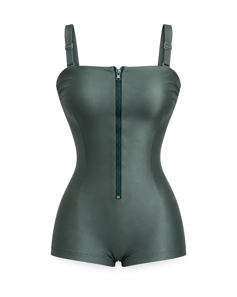Visuel de référence: le maillot de bain gainant vert sauge seul, sur fond blanc, zip sur le devant, bretelles réglables, bas en shorty.